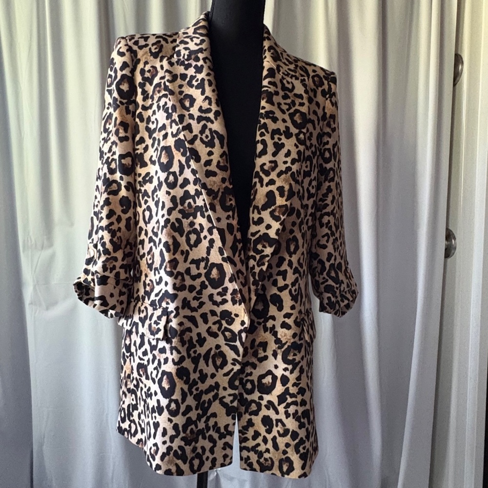 Zara Satin Leopard Print Open Front Power Blazer 3/4 Sleeve M